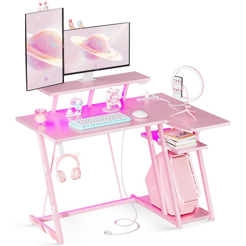 MOTPK ゲーミングデスク LEDライト付き L字デスク PCデスク 炭素繊維天板 モニター台付き ゲーミングテーブル フック付き コンセント付き パソコンデスク ゲーミング机