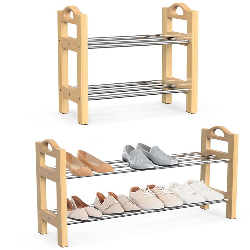 シューズラック 2段 伸縮式 靴棚 省スペース メッシュ棚付き 幅調整可能 おしゃれ 靴収納棚 玄関収納 スリム 木目×スチール 組立簡単 防カビ 通気性 多機能ラック【玄関が狭くてもOK幅調整できる伸縮シューズラック】来客前に靴が玄関にあ...
