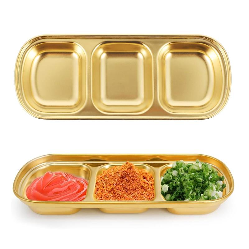 Liroyal ステンレス製 醤油皿 2個入り 仕切り皿 調味料皿 三区分皿 深型設計 洗浄容易 業務用 家庭用 ..