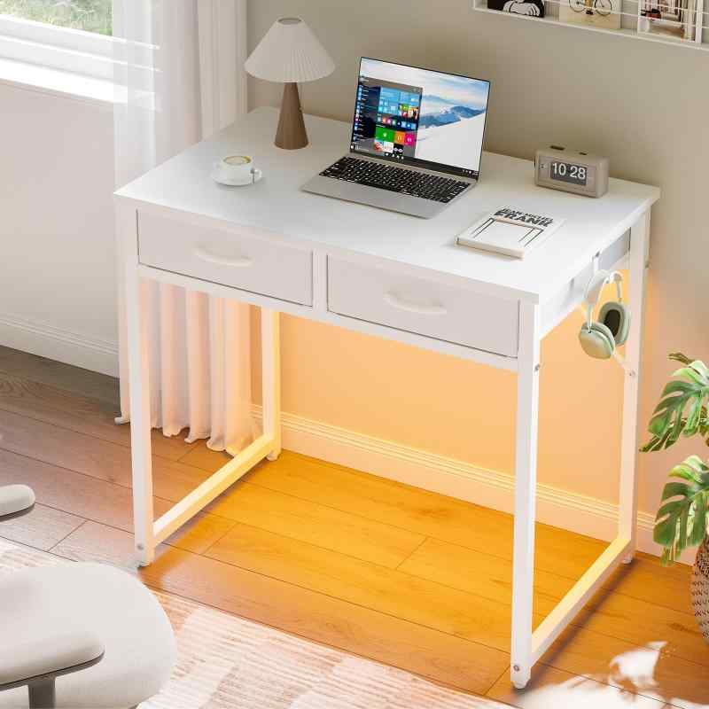 Pinmoco パソコンデスク 引き出し付き ゲーミングデスク LEDライト付き ワークデスク フック付き コンパクト 省スペース【収納力抜群のシンプルデスク】二つの引き出しが付いているから、ノートや文房具、小物類の収納ができて便利です。引...