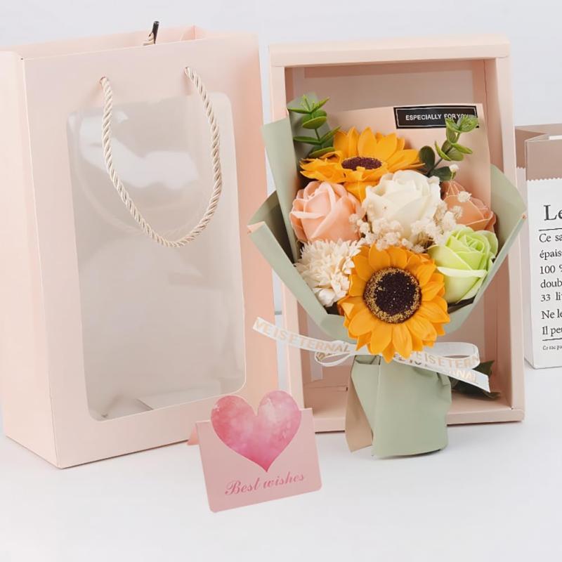 ソープフラワー 赤バラ 造花ブーケ ギフトボックス＆カード付き 枯れない花 母の日 卒業式 敬老の日 バレンタインデー お花 誕生日 プレゼント フラワーギフト 石鹼フラワー (ひまわり)