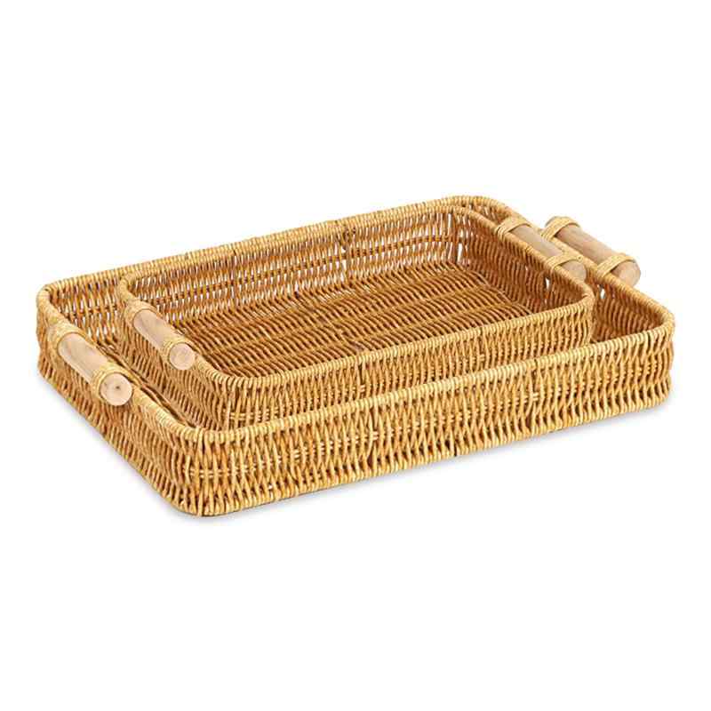 DIFEIUKI 藤編みトレー フルーツバスケット 果物かご 2個セット 籐かご 収納バスケット 長方形 ハンド..