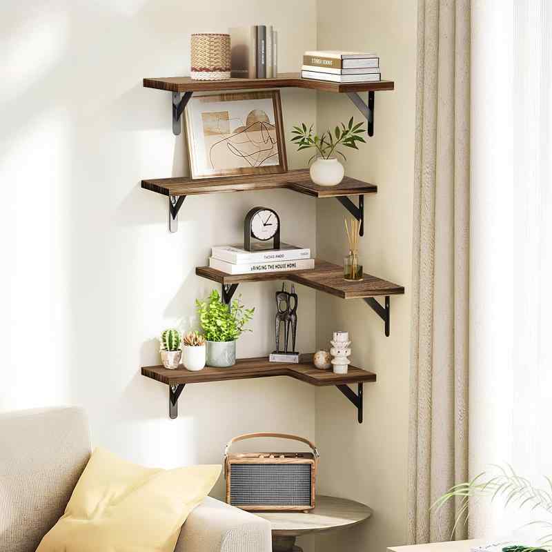 ウォールシェルフ、壁掛け棚、収納バスケット付き 壁 棚 ラック 4個セット 天然木製 おしゃれ 吊り下げ収納ラック 多機能 キッチン/洗面所/トイレ/寝室 取り...