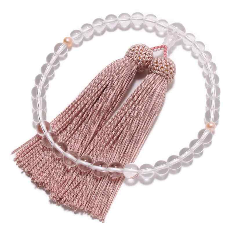 念珠堂 日本製 数珠 本水晶 淡水真珠 入 【 数珠袋 付き】 女性用 手作り 念誦 全ての宗派でお使い頂け..