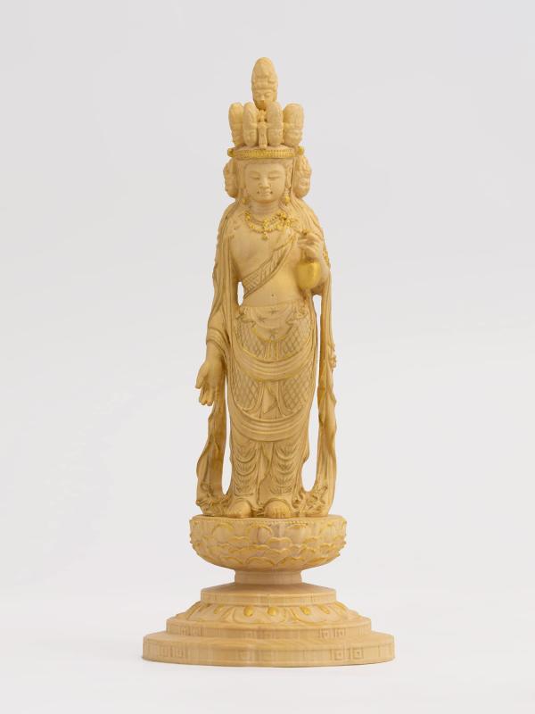 極小仏 十一面観音－12.5cm向源寺型（木製：ツゲ 金泥仕上）＿観世音菩薩 仏像 フィギュア 木彫り 置物（GSBじゅういちめんかんのんKGZ