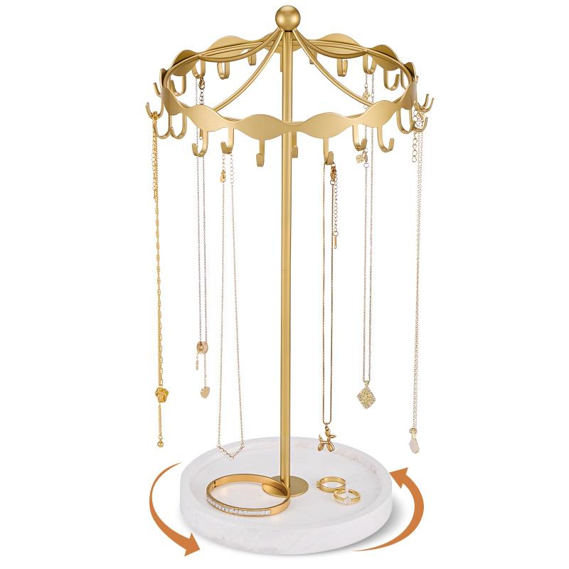 Lolalet 回転ネックレスホルダースタンド 金属フック付き 回転ディスプレイカルーセル 自立式オーガナ..