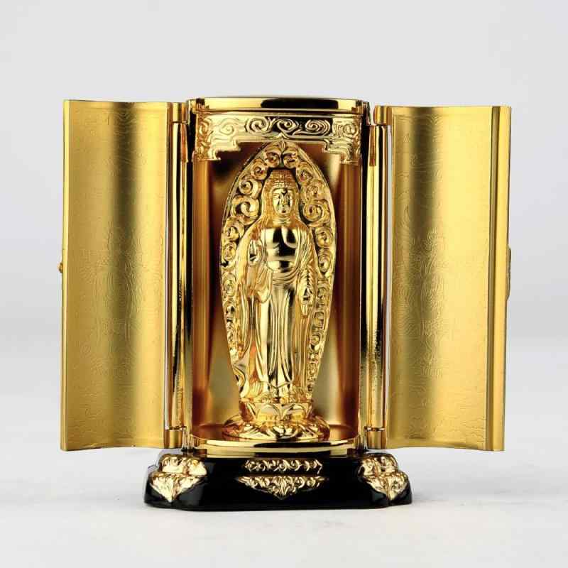 仏像 阿弥陀如来立像 厨子入り（金メッキ/24金） 仏師：渡辺景秋 原型＿（戌・亥年生まれ）十二支守り本尊 干支 高岡銅器(あみだにょらいりゅうぞう)