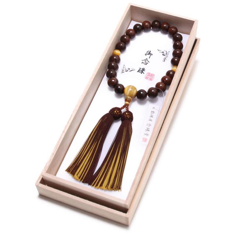 念珠堂 < 日本製 数珠 > 男性用 鉄刀木(たがやさん) 白虎目石 正絹房 数珠袋付き 全ての宗派でお..