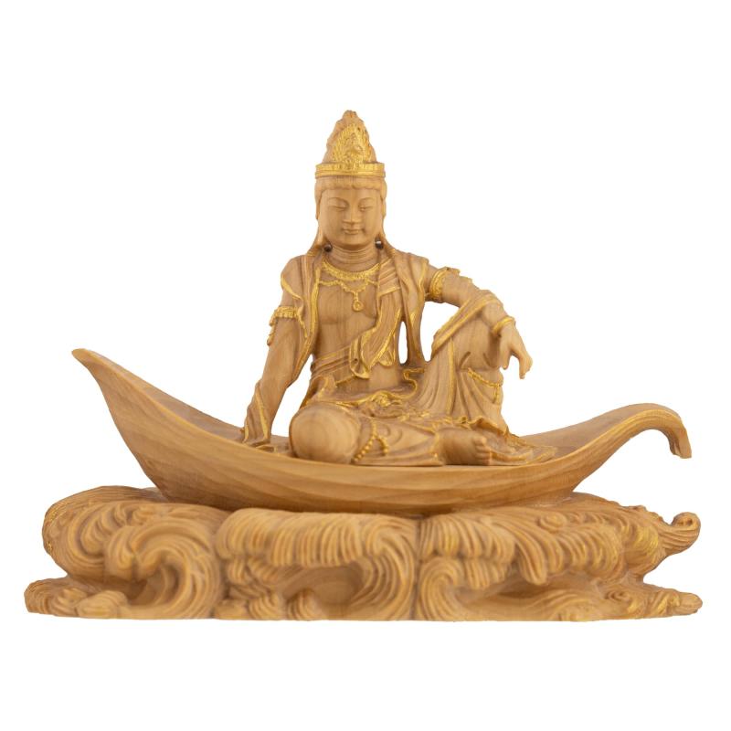 極小仏 一葉観音 波台6.8cm（木製：ツゲ 金泥仕上）＿観世音菩薩 仏像 フィギュア 木彫り 置物（GSBい..