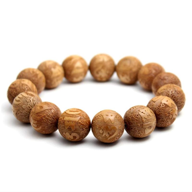 [世界のアクセサリー カルメロ] 梵字 六字真言 数珠 念珠 白檀 サンダルウッド 老山白檀 老山檀 香木 ブレスレット 15mm