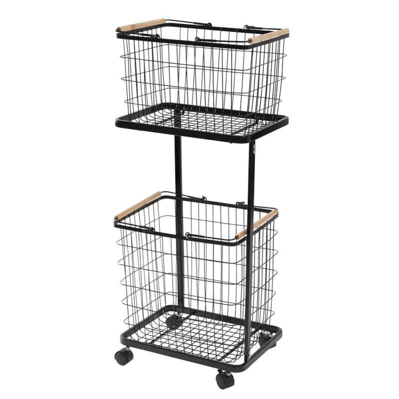 ランドリーワゴン ランドリーバスケット 2段 収納 ランドリーラック スクエアタイプ キャスター付き 木..