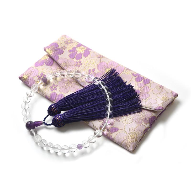 数珠 女性用 紫水晶 本水晶 8mm 数珠入れ 特典付 アメジスト クリスタル 念珠 天然石
