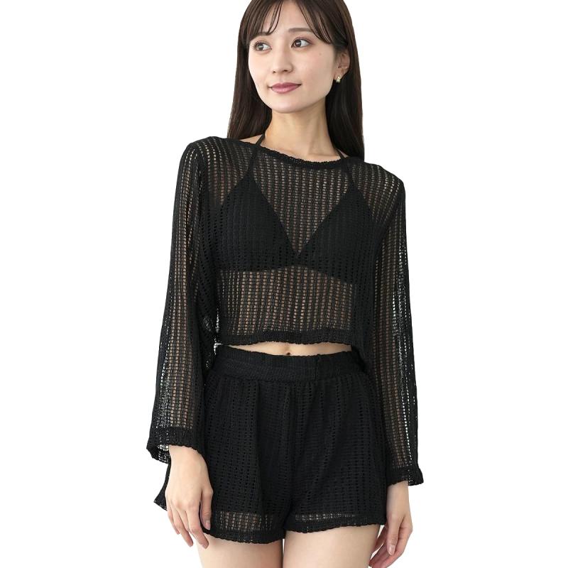 [chill sauna] ブラックメッシュ水着3点セット トップス ブラ パンツ レディース シースルー サウナ chillsauna 金属レス 体型カバー ノンワイヤー フリーサイズ イムウェア 海 プ