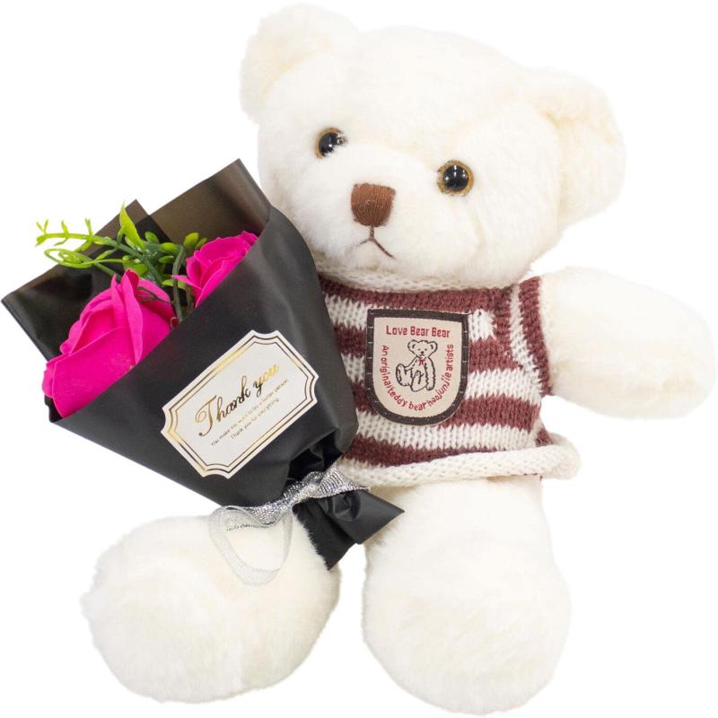 ソープフラワー テディベア 花束 (ホワイトベア/日本製) フラワー装飾技能士が手掛ける逸品 (バラの花束) こどもの日 母の日 贈り物 お誕生日 ギフト プレゼント