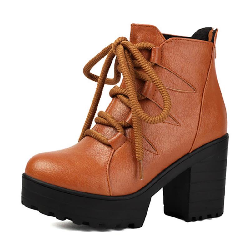 [KiniYitta] ショートブーツ レディース 歩きやすい 厚底 編み上げブーツ バックジッパー 太ヒール 卒業式