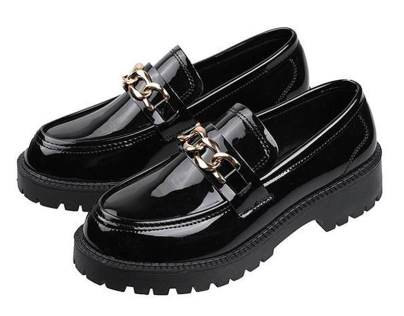 [1/2plus] レディース 厚底 コイン ローファー エナメル 調 クッション ソール 美脚 効果 黒 23～25cm