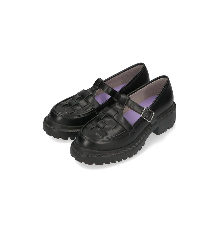 [オリエンタルトラフィック] プラットフォーム ローファー 編み込み 厚底 Tストラップ 大きいサイズ 小さいサイズ 軽量 モード 5cmヒール スタイルアップ ベルト付き カジュアル レディース