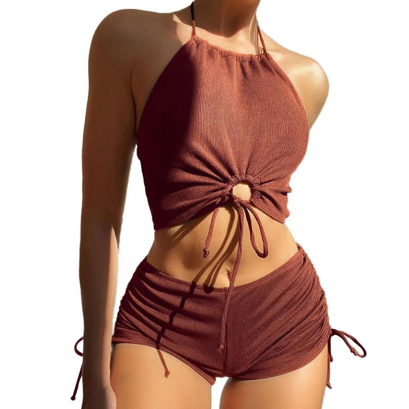 [RONGUI] 水着 胸元カバー セパレート タンキニ レディース ホルターネック 体型カバー ノンワイヤー パッド