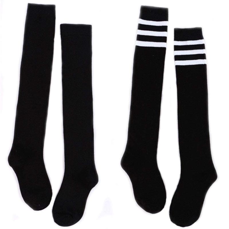 Tengcong ハイソックス - (2足組セット) オーバーニーソックス ロングソックス ハイソックス 綿 保温 防寒 レディース サイハイソックス 美脚 無地 通学 通勤 靴下 (ブラック+ブラックストライ