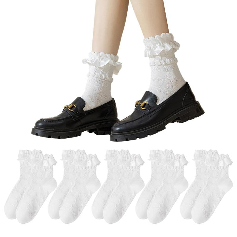 [ZTFT] 5足ソックス レディース 靴下 レディース 白 靴下 レース 伸縮性があり 脱げにくい 可愛い ファッション 通気性 蒸れない 抗菌防臭 靴下 フリル 入学式/お茶会/jk風/制服用/cosplay