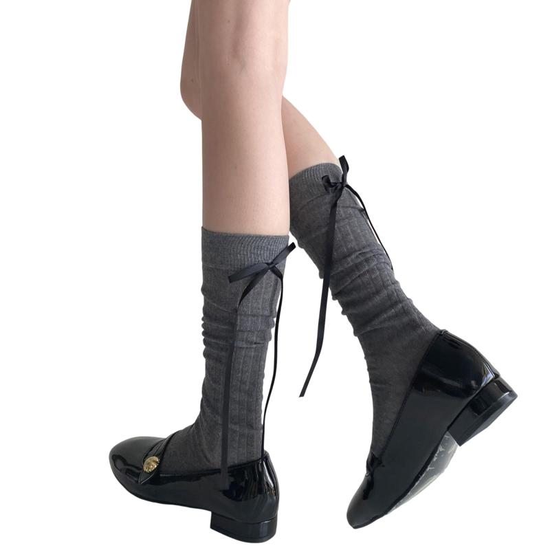 [Lamerry] 靴下 リボン 蝶結び ボウタイ付き カーフソックス クルーソックス かわいい 無地 ハイソックス 学生 通学 ソックス おしゃれ レディース グレー