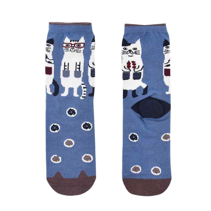 靴下 レディース おしゃれ かわいい ジャガード靴下 ネコまるけとドーナツ柄 クスグルソックス クルーソックス キャラ 保育士 23-6717 (＃1/SX サックス)