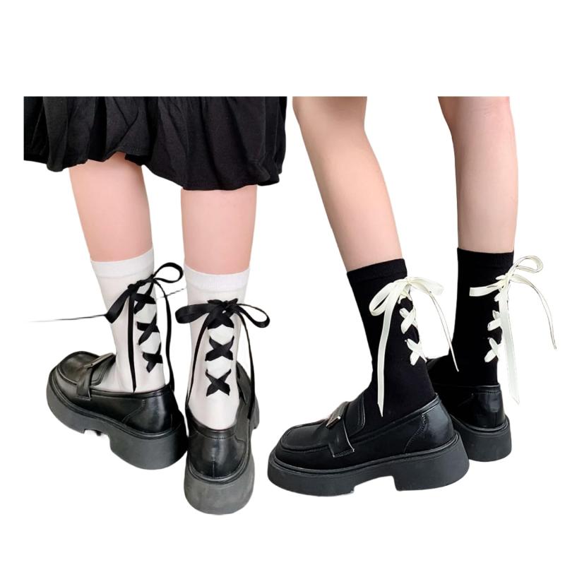 [Qzkouma] ボウリボン 靴下 黒白 2足セット レディース ハイソックス クルーソックス ショート ソックス ちょう結びリボン lolita 入学式/お茶会/jk風/cosplay/制服用 SHSD-50