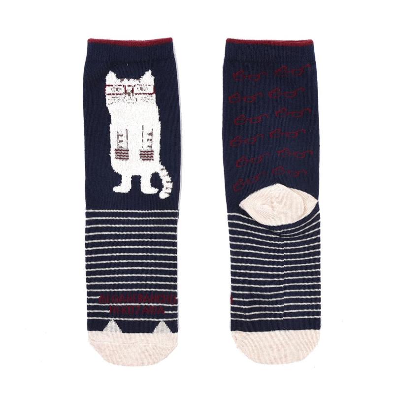 靴下 レディース おしゃれ かわいい ジャガード靴下 ネコザワさんのボーダー柄 クスグルソックス クルーソックス キャラ 保育士 23-6716 (#2/NB コン)