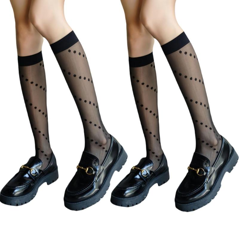 [Getrays] 水玉模様 ニーハイソックス レディース 2足セット 薄手 通気 透け感 ドットの柄 ひざ下 ロングソックス 【美脚・脚長効果】 靴下 通勤 通学 発表会 卒業式 cosplayや制服用 ナイロンス