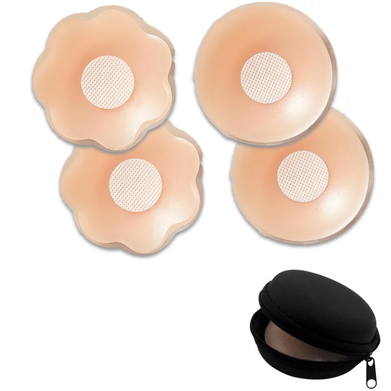 [LIKENNY] 女性用 ニプレス 2ペア 花形＆丸形 保護ガーゼ付 シリコン製 直径6.5cm ニップレス ニップルシール シリコンブラ 繰り返し使用可能 洗える