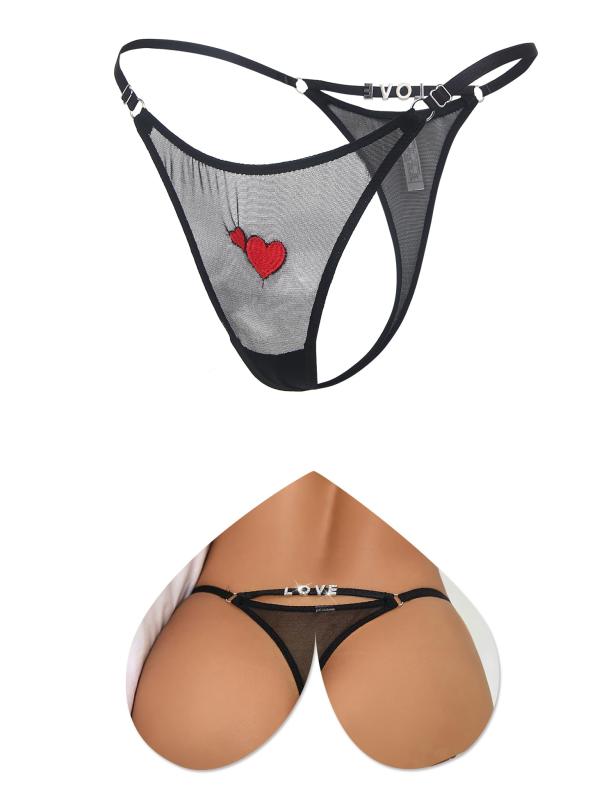 [comeondear] ハート 刺しゅう tバック 下着 可愛い 調節可能 メッシュ ショーツ ラインストーン付き 輝く レディース パンティー 透ける パンツ ランジェリー 日常