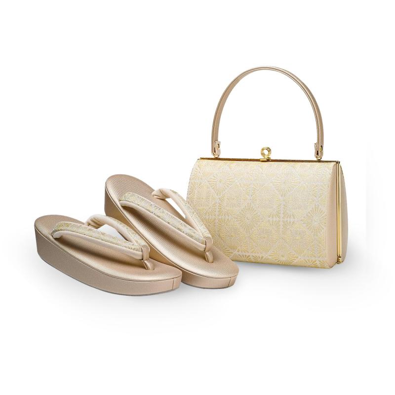 [あめてまり] 草履バッグセット 日本製 フォーマル 痛くない 至極の万能 草履 バッグ 2点セット レディース 前厚 コルク芯 礼装 シャンパン 西陣織 高級 帯地 マーガレットモチーフ柄 絹目
