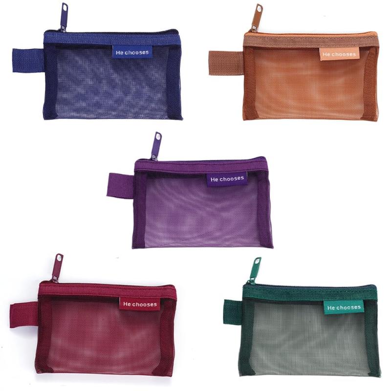 ポーチ 小さめ メッシュ素材 収納ポーチ トラベルポーチ ガジェットポーチ メイクポーチ 小さめ 化粧ポーチ 小型 携帯便利 大容量 収納簡単 旅行 出張用（グリーン＋バイオレット＋ブラウ製品サイズ：8x11.5cm、カラー：グリーン＋パー...