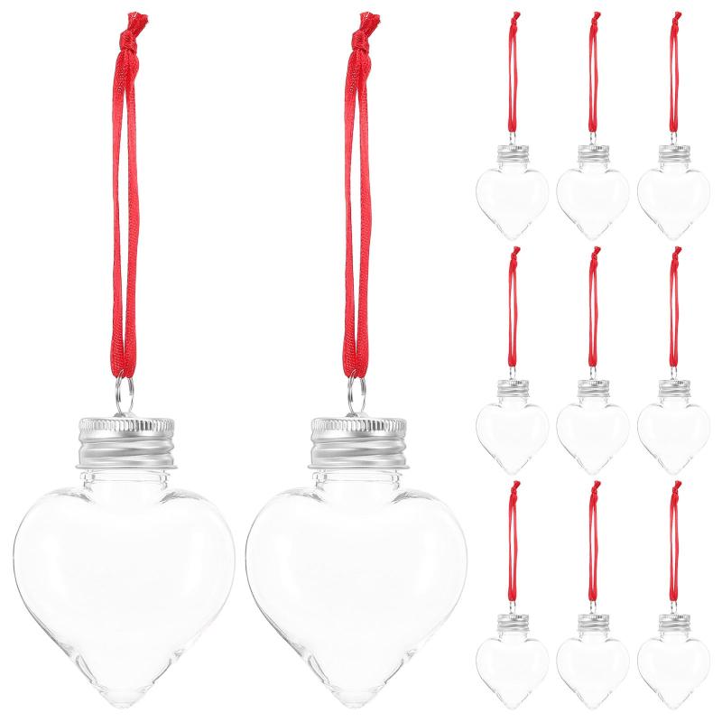 Lurrose ハート型 ボトル オーナメント 球 50ml 20個セット プラスチック 透明 中身が入る カプセル 飾り DIY バレンタイン 結婚式 手作りキーホルダー 銀色キャップ 紐付き