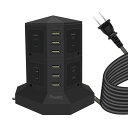 Powerjcタワー式電源タップ 2層縦コンセント 8AC充電口雷ガード 過負荷保護 省エネ 延長コード1.5m オフィス/家庭給電用 ブラック