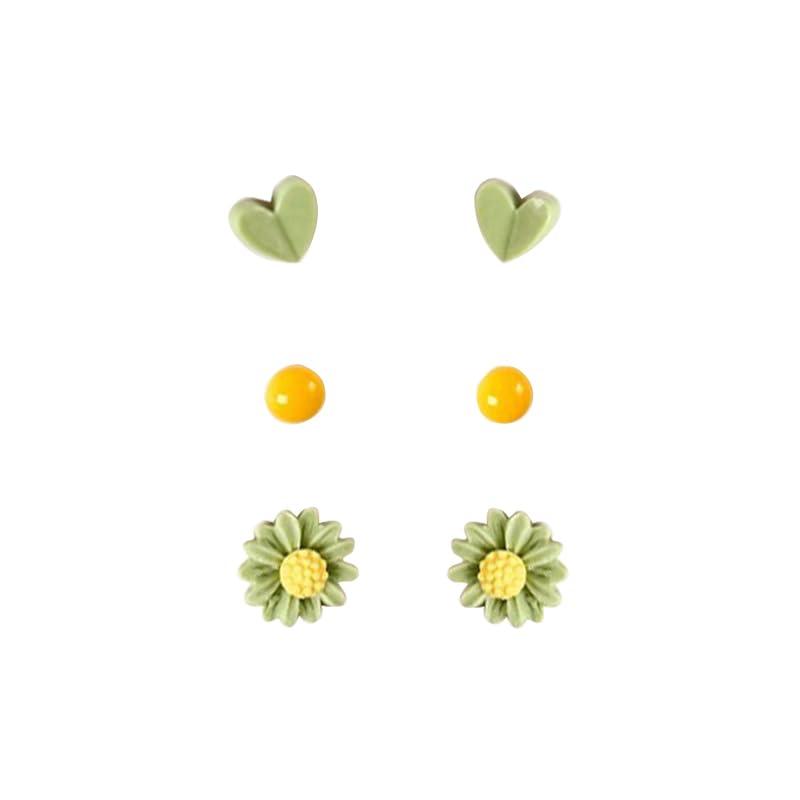 QINGANRAN 3セット可愛い陶器製スタッドピアス 925シルバーポスト金属アレルギー対応 ピアス レディース