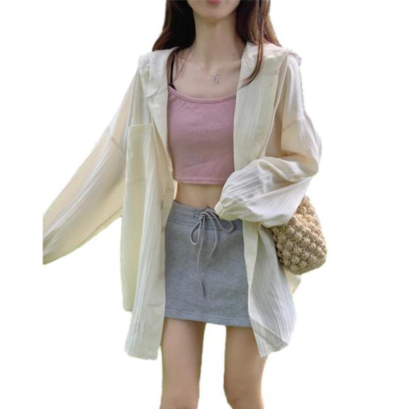 [NONELECEDOLE] UVカットシャツ レディース 日焼け止め服 トップス 長袖 ブラウス 日焼け対策ウェア 無地 フード付き タック 前開き 通勤 カジュアル 春 夏 秋