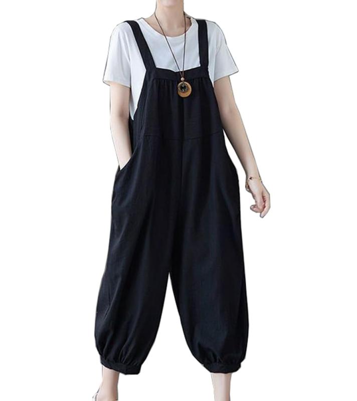 [RAGASOTA] サロペット オールインワン レディース オーバーオール ワイドパンツ 綿麻 カジュアル 無地 大きいサイズ ゆったり 可愛い 着痩せ 体型カバー 春 夏 秋