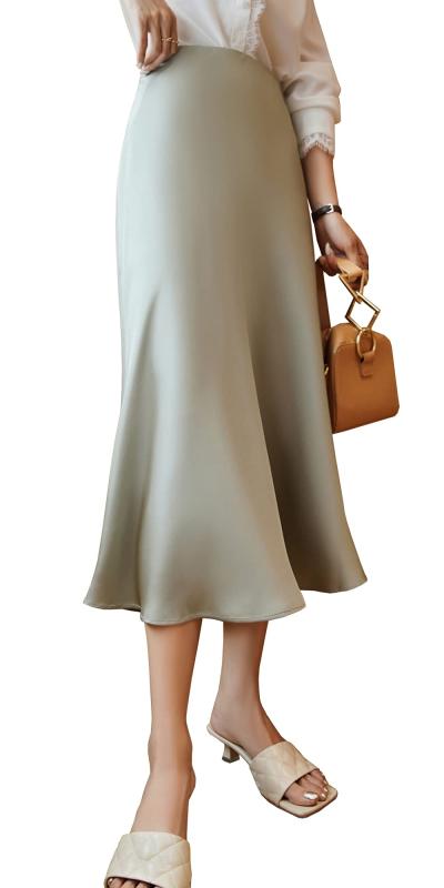 [syvent] レディース ひざ丈 サテン スカート 夏 膝丈 光沢 無地 aライン フレアスカート