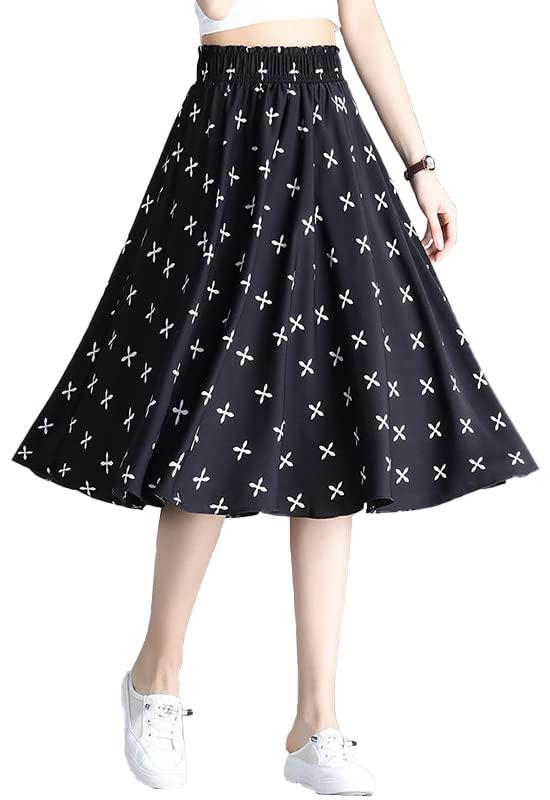 [syvent] レディース 小花柄 ミディ丈 シフォン フレアスカート 夏 ウエストゴム スカート 裏地付き ひざ丈 スカート