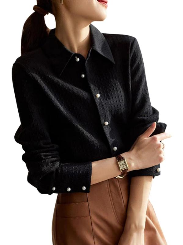 [songhe] ブラウス レディース トップス シフォンシャツブラック 長袖ワイシャツ黒 襟付き パール風 おしゃれ 大人可愛い オフィス カジュアル デート ビジネス フォーマル 普段着 通勤 春 夏