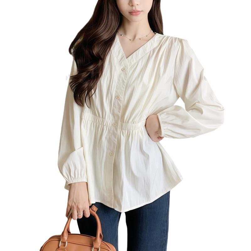 [DayaEmmoTQ] フリル ブラウス 前開き レディース シフォン やや透け感 シャツ 長袖 ボタン Vネック フレンチシャツ トップス 無地 ゆったり おしゃれ オフィス カットソー 大きいサイズ 体型カ