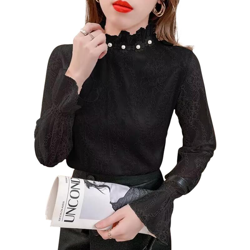[SYitong] 総レース ブラウス レディース 長袖 立て襟 シフォン トップス チュール 花柄 着瘦せ 大人 女性らしい 透け感 裏地付き 可愛い おしゃれ ハイネック 柔らか 軽量 通勤 オフィス デー