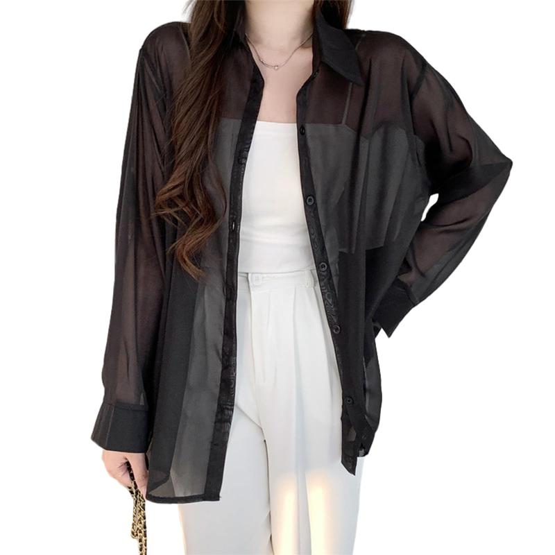 [EnagmourCheripo] 日焼け防止 ブラウス UVカットシャツ レディース 襟付き エアコンシャツ バックスリット ロング 無地 トップス エレガント ゆったり オフィス カットソー 体型カバー 春夏秋 ア