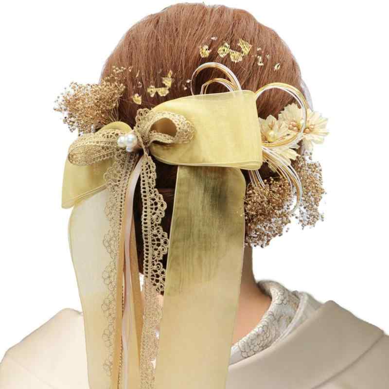 [SOMILA] 髪飾り 卒業式 成人式 和装 着物 結婚式 七五三 チュールリボン カスミソウ 浴衣 水引 金箔 ゴールド花 パーティー 謝恩会 お正月 花火大会