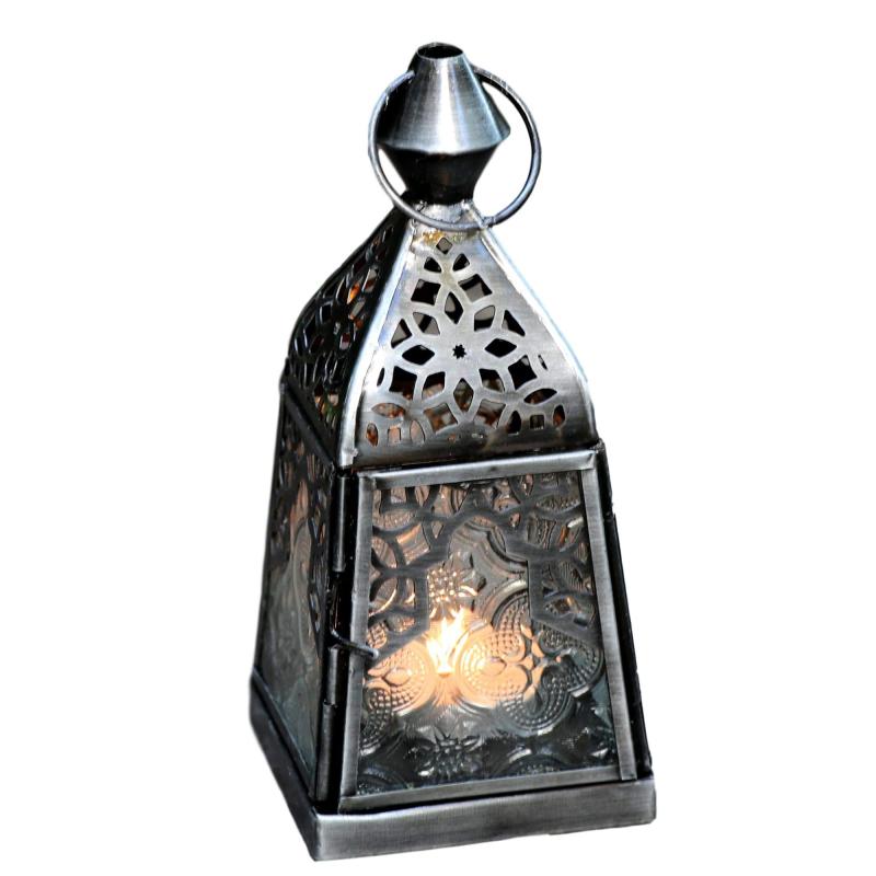 モロッコランタン・キャンドルホルダー 高さ16cm オリエンタルランプ4面のレリーフガラス Morocco Lantern Candle holder