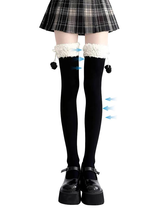 [SHUCLASS] レディース オーバーニーソックス あったか かわいい ちょう結びニーハイ cosplayや制服用 レース 黒いロングソックス リボン 美脚 ショートソック ハイソックス 綿 無地 靴下 ニーハ