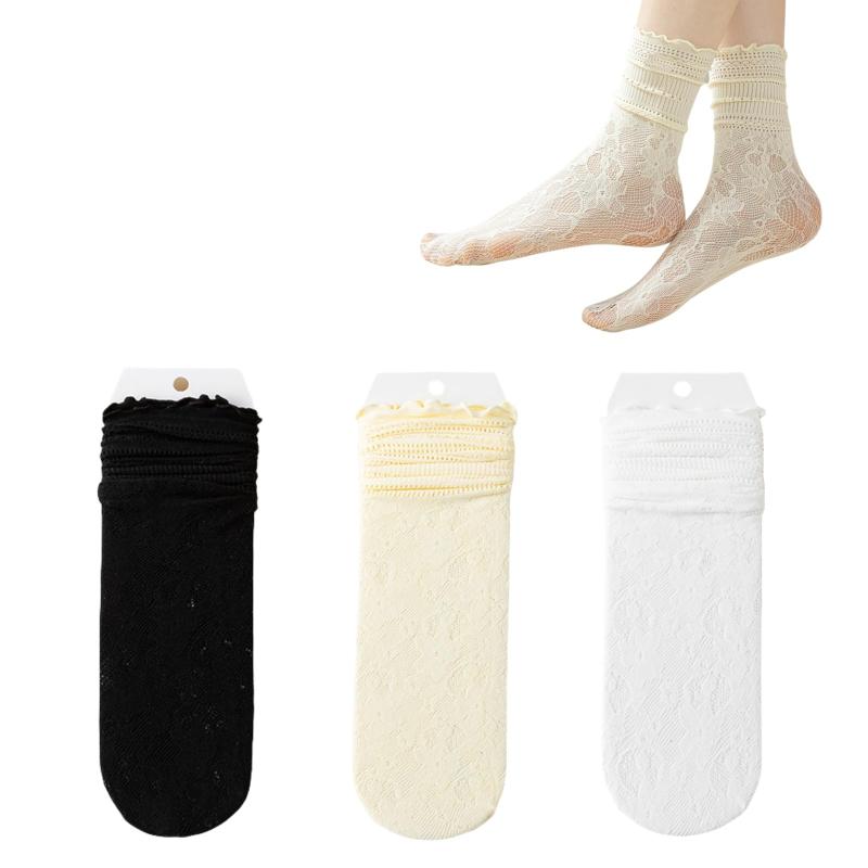 [MANJIAMEI] レースソックス レディース 3足セット 靴下 中空 メッシュ クルーソックス 履き口くるくる 可愛い 夏 薄手 通気 透明刺繍 通勤通学