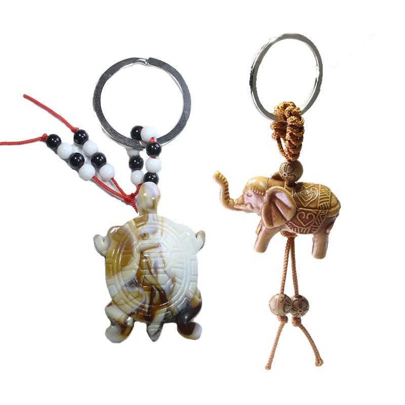 Sundarwald 亀と象のキーホルダーセット 幸運 かわいい 風水 ペンダント キーリング 彼と彼女用, ホワイトブラウン。, Small