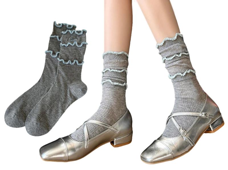 [Laisve] シースルー靴下 レディース レースソックス 通気メッシュ 夏 おしゃれ 薄手 透明 フリル裾 冷感 中空 蒸れない靴下 可愛い クルーソックス